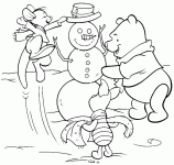 Dessin de Winnie Porcinet et petit Gourou elaborent bonhomme de neige 