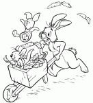 Dessin de Coco Lapin transporte des carottes et ses ami Porcinet et Petit Gourou dans une brouette 