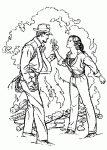 Dessin de Indiana Jones avec une femme devant un feu 