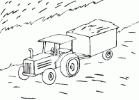 Dessin de tracteur et remorque dans un champs 