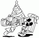 Dessin de Donald et Mickey avec cadeaux deavnt le sapin de noel 