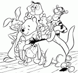 Dessin de Winnie avec tous ses amis de la foret autour de lui 