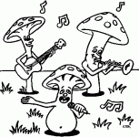 Dessin de trois champignons qui font de la musique 