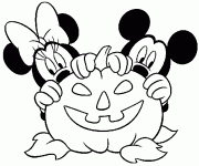 Dessin de Mickey et Minnie sont caches derriere une citrouille 