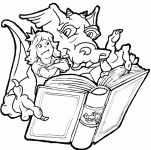 Dessin de dragon et petite fille lisent un livre 