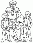 Dessin de chien policier et officier avec deux enfants 