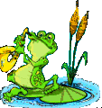 Image gif de grenouille qui joue du saxophone sur un nenuphard