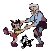 Image gif de Geppetto danse avec Pinocchio et le chat