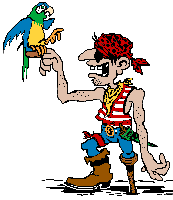 Image gif de un pirate avec une jambe de bois et un perroquet