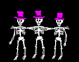Image gif de trois squelettes avec des chapeuax roses dansent
